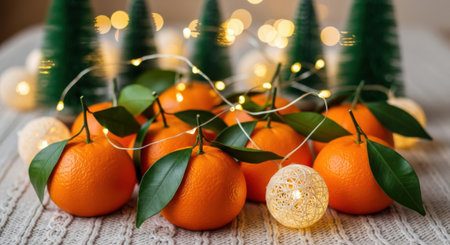 Christmas and New Year background with Christmas ornaments and tangerinesの素材