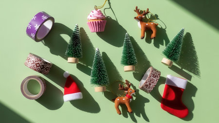 Christmas decoration on green background. Flat lay, top view, copy spaceの素材