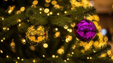 Christmas tree decorated with colorful baubles and bokeh lightsの素材
