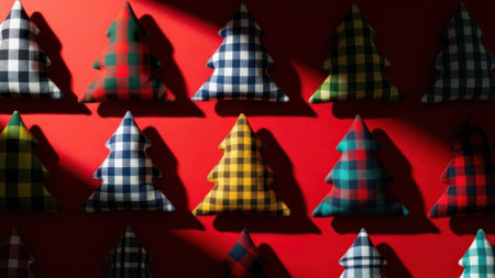 Christmas tree made of cloth on red background. Christmas and New Year concept.の素材