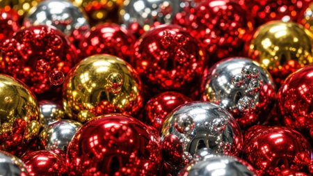 Christmas decoration close-up. Red and silver baubles.の素材