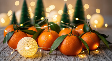 Christmas or New Year composition with tangerines, lights and bokehの素材