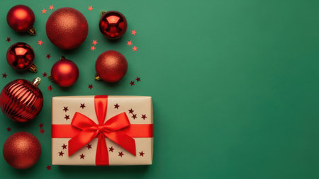 Gift box with red ribbon and christmas balls on green backgroundの素材