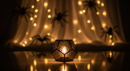 Lantern and spiders on a background of curtains. Halloween concept.の素材