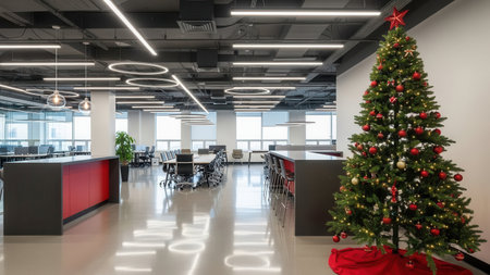 Modern office interior with christmas tree and lights. 3d renderingの素材