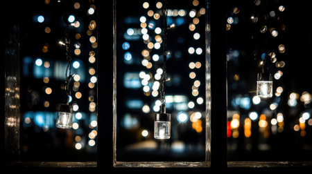A captivating image showcasing blurred city lights through a window, creating a beautiful bokeh effect and abstract urban scene.の素材
