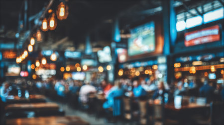 A vibrant, out-of-focus scene inside a bustling sports bar, featuring numerous glowing television screens displaying various content and a crowd of people enjoying the atmosphere. The warm, ambient lighting from decorative bulbs and the cool glow of the screens create a dynamic and inviting setting, perfect for leisure and social gatherings.の素材