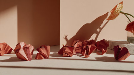 A minimalist and artistic still life featuring several red origami hearts scattered on a light-colored surface, illuminated by natural sunlight creating long, dramatic shadows. An anthurium flower in a vase adds a touch of organic elegance to the abstract composition.の素材