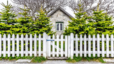 A quaint stone cottage is framed by a white picket fence and lush evergreen trees, creating a serene and inviting scene.の素材
