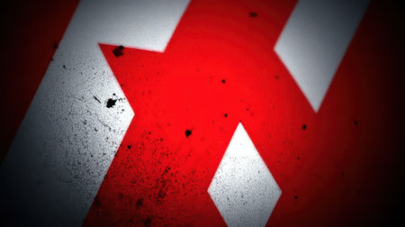 A close up of a bold geometric symbol in red and white. The image has a distressed, grunge texture with dark specks and a dark vignette effect, creating a powerful abstract background.の素材