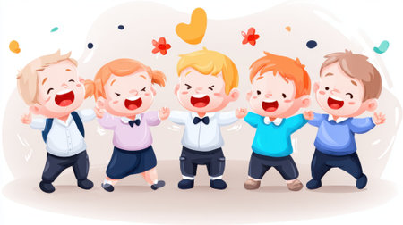 A group of happy children, dressed in colorful outfits, joyfully holding hands, surrounded by hearts and stars, symbolizing friendship, happiness, and childhood innocence.の素材