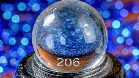 A clear crystal ball with the number 206 displayed on its base, set against a backdrop of blurred blue and white bokeh lights.の素材