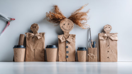 A whimsical still life of disposable coffee cups and craft paper bags arranged as playful characters on a white background. One figure has a wooden spoon head with a smile.の素材