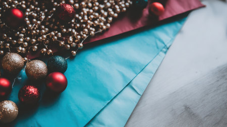 A festive arrangement of Christmas decorations featuring red and gold spherical ornaments, along with a string of golden beads, resting on a vibrant blue fabric next to a soft white surface.の素材