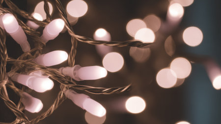A detailed close-up shot of numerous fairy lights, some in sharp focus and others blurred into bokeh, creating a magical and festive atmosphere with their soft, warm glow.の素材