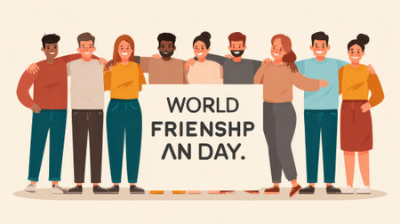 A flat vector illustration of a multicultural group of happy friends standing together and holding a banner celebrating World Friendship Day.の素材