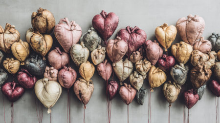 A vibrant arrangement of colorful Physalis lanterns, also known as Chinese lanterns, displayed on a textured gray wooden surface. A botanical still life.の素材