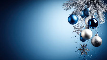 A festive holiday background featuring shiny blue and silver Christmas baubles and snowflakes hanging on a white branch against a cool blue backdrop with copy space.の素材