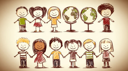 A heartwarming illustration depicting a diverse group of children holding hands, symbolizing unity and global friendship, with two Earth globes in the background.の素材