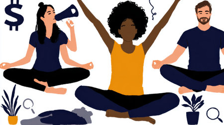 Illustration of three diverse individuals meditating in a lotus position, representing mindfulness, financial awareness, and stress management for overall wellbeing.の素材