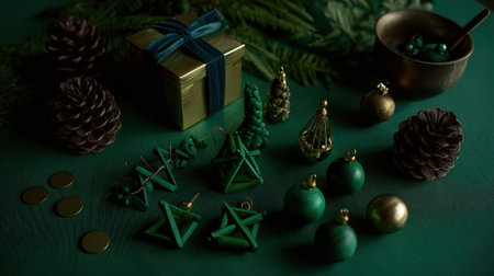 A festive holiday arrangement on a dark green surface featuring a golden gift box, pine cones, green ornaments, and decorative trees creating a moody and elegant Christmas atmosphere.の素材