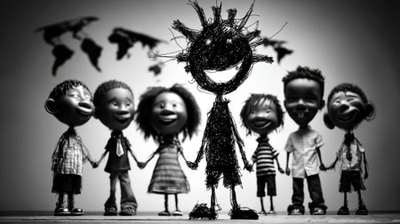 Black and white image of children holding hands, representing unity, friendship, and diversity. The central figure stands out.の素材