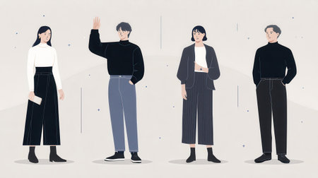 Illustration of four stylish people in modern, minimalist outfits, showcasing diverse fashion and poses against a neutral backdrop.の素材