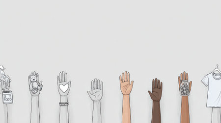 Illustration of diverse hands raised, symbolizing unity, support, and community. Features various skin tones and hand-drawn elements on a neutral background.の素材
