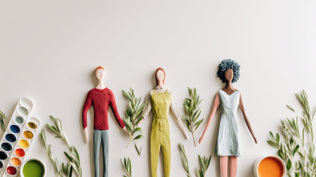 A conceptual flat lay image showing multicultural dolls holding hands, symbolizing unity, diversity, and friendship, arranged with green leaves and art supplies on a white background.の素材