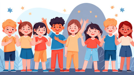 A vibrant illustration of a diverse group of children of various ethnicities and genders, all smiling and waving enthusiastically.の素材