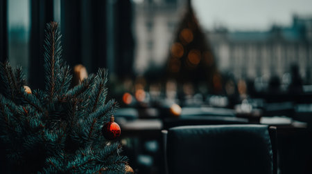 A close-up view of a small Christmas tree adorned with red and gold ornaments, set billboards with a blurred background of a city street or cafe.の素材