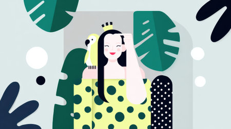A flat vector illustration of a happy woman with long black hair and a crown. She wears a yellow polka dot dress and waves, surrounded by stylized tropical plants and leaves.の素材