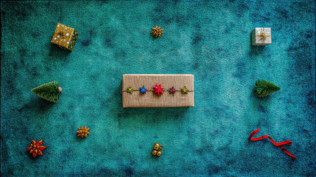 A festive flat lay composition with a central gift box surrounded by smaller gifts, ornaments, and green leaves on a painterly turquoise surface. Holiday concept.の素材