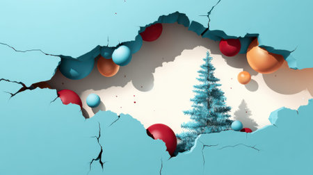 A whimsical Christmas scene featuring a decorated Christmas tree visible through a cracked wall, adorned with colorful ornaments, creating a festive and playful atmosphere.の素材