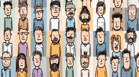 A vibrant illustration showcasing a variety of cartoon characters, each with distinct features, hairstyles, and clothing, representing a diverse community.の素材