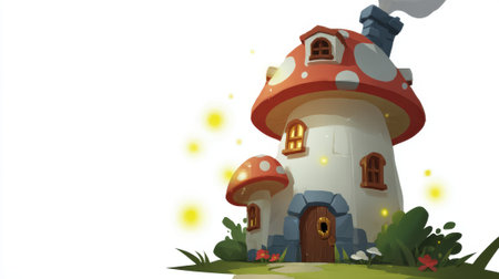 A charming, whimsical mushroom-shaped house with glowing windows and a smoking chimney, surrounded by magical fireflies and lush greenery.の素材