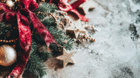 A close-up of a Christmas arrangement featuring a red ribbon, golden ornaments, and wooden stars on a textured surface, evoking a warm holiday atmosphere.の素材