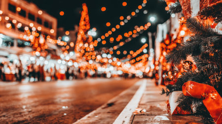 A vibrant night scene of a street decorated with Christmas lights and ornaments, creating a festive atmosphere.の素材