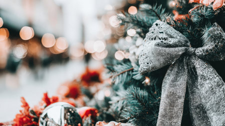 Close up of a festive Christmas tree with a sparkling silver ribbon bow. Blurred holiday lights create a beautiful bokeh effect in the background for a magical atmosphere.の素材