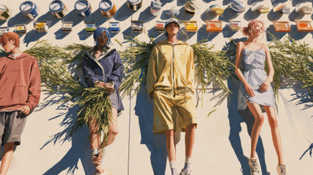 A group of models showcase a variety of clothing styles while posing outdoors, creating a visually appealing fashion statement.の素材