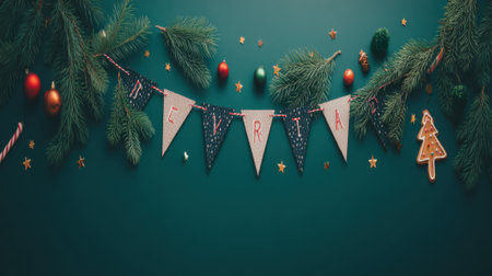 A festive Christmas garland adorns a green background, complete with ornaments, decorations, and a charming holiday atmosphere.の素材