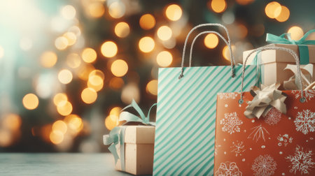 Holiday shopping concept with gift bags and presents against a magical backdrop of out of focus Christmas lights creating a warm and celebratory mood.の素材