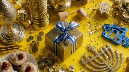 A vibrant image showcasing Hanukkah elements, including gifts, menorahs, and traditional treats, all set against a bright yellow backdrop.の素材