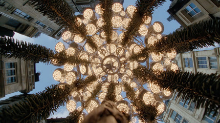 A unique perspective of Christmas lights, viewed from below, showcasing the festive atmosphere and architectural details.の素材