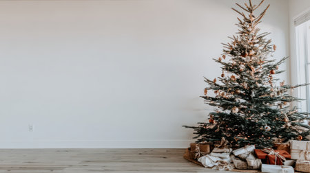A beautifully decorated Christmas tree stands in a bright, minimalist room with wrapped gifts underneath, creating a warm and inviting holiday atmosphere.の素材
