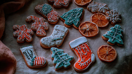 A delightful assortment of decorated Christmas cookies and dried orange slices arranged on parchment paper, capturing the essence of holiday baking and festive cheer.の素材