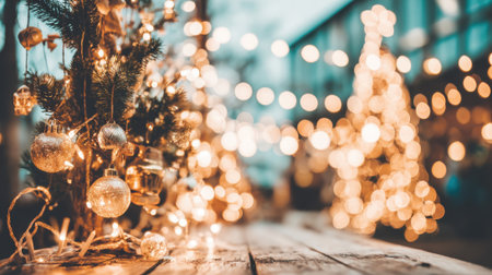 A warm and inviting scene featuring Christmas trees adorned with golden lights and ornaments, creating a magical holiday atmosphere.の素材