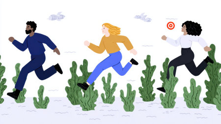 Illustration of three people running through a field of plants towards a target, symbolizing goals and competition.の素材