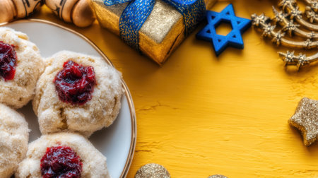 Festive Hanukkah cookies with jam filling, blue and gold decorations, and a menorah on a bright yellow surface, creating a warm and celebratory atmosphere.の素材