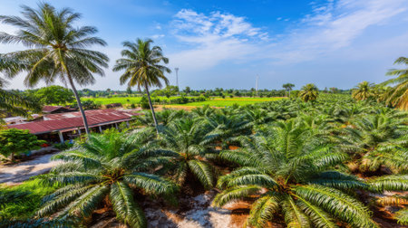 A vibrant landscape featuring a dense cluster of palm trees in the foreground, transitioning to open fields under a partly cloudy sky, creating a serene tropical scene.の素材